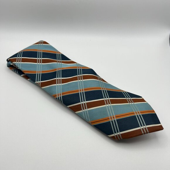 Ted Baker Other - Ted Baker Mens 100% Silk Plaid Tie With Geometric Inner Design Brown/Blue/Orange
